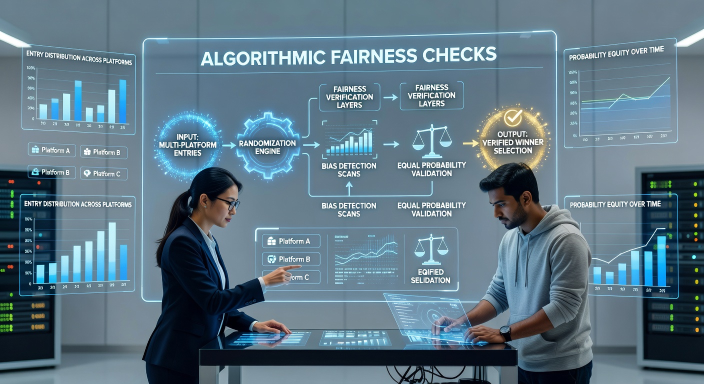 Diagram showing algorithmic fairness verification steps across multiple digital platforms in prize draw systems