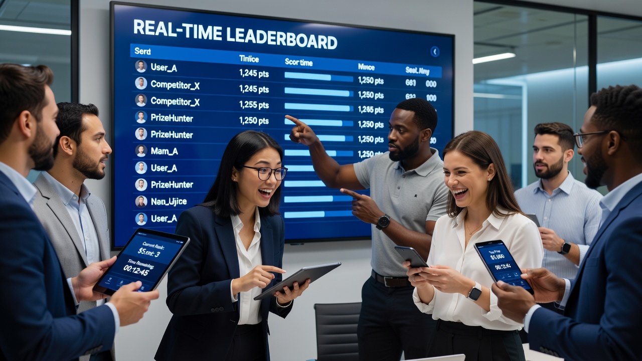 Real-time leaderboard interface displaying current rankings and entry counts in a digital prize draw platform