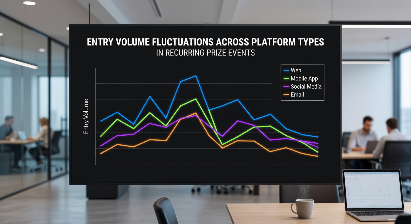 Chart illustrating weekly entry volume changes across mobile, desktop, and social platforms in ongoing prize competitions
