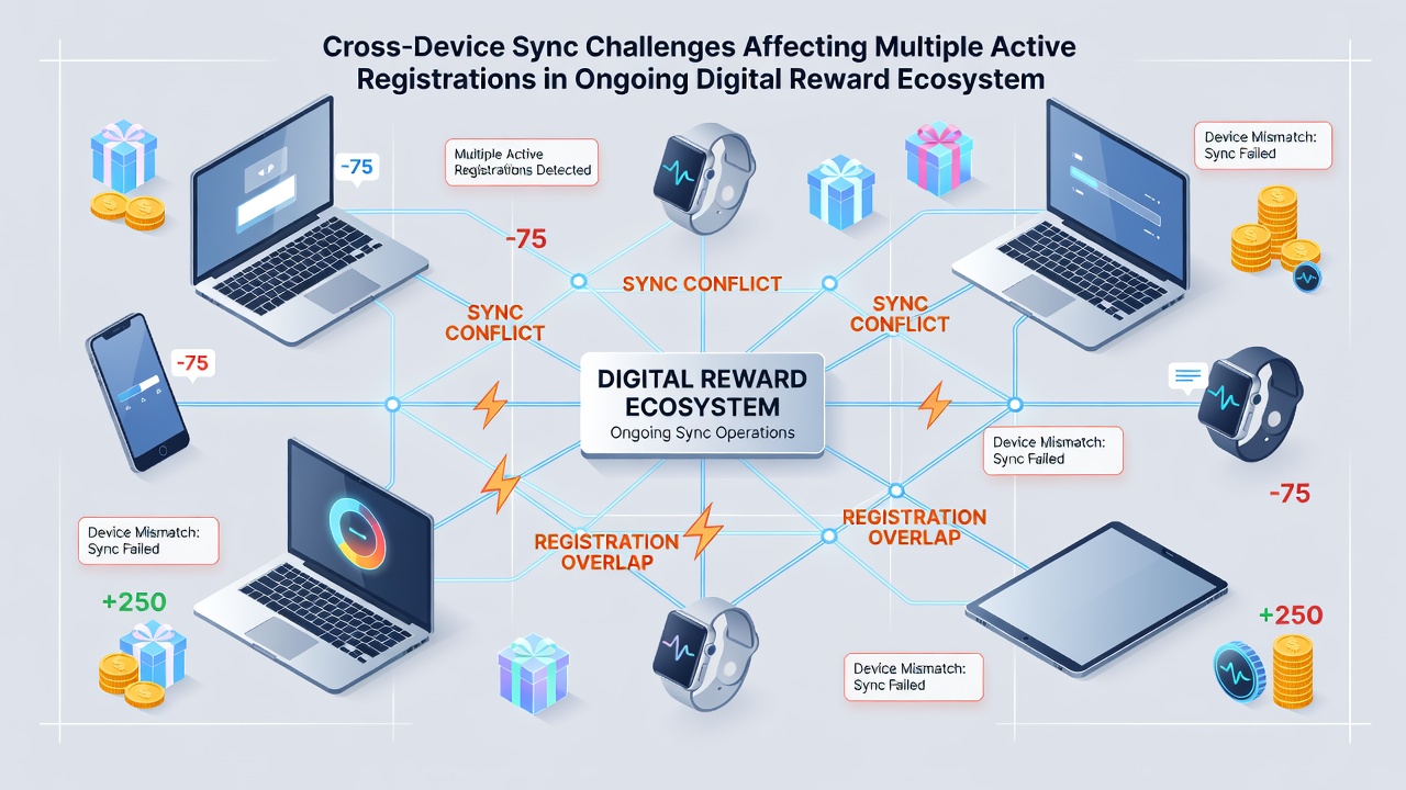 Dashboard view showing conflicting reward balances across synchronized devices