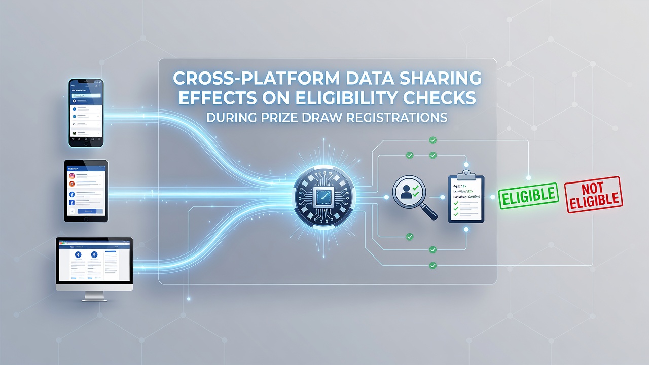 Illustration of data flowing between multiple digital platforms during prize draw registration processes