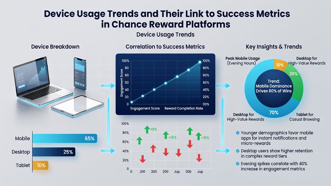 Infographic illustrating correlations between device types and key performance indicators like entry completion and retention in digital prize events