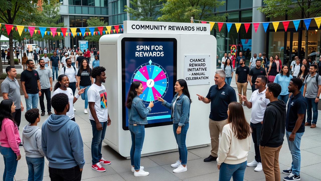 Group of festival attendees discussing and entering a mobile sweepstakes promotion together during an annual summer celebration