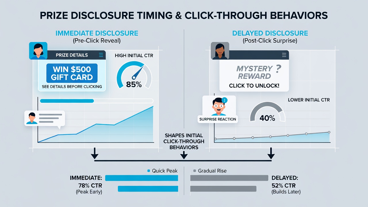 Analytics report comparing click-through rates for early versus delayed prize disclosure in reward campaigns