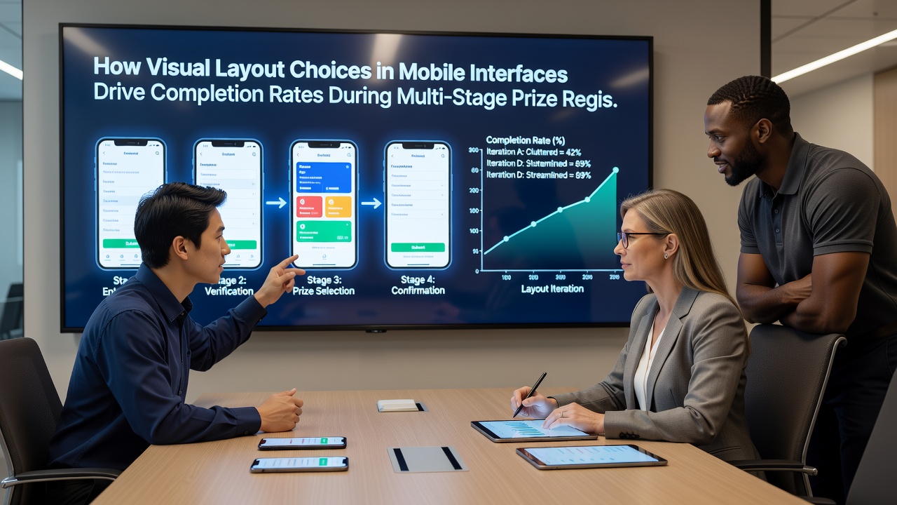 Split view of mobile prize registration screens comparing layout variations for different age groups, highlighting button placement, font scaling, and progress visualization