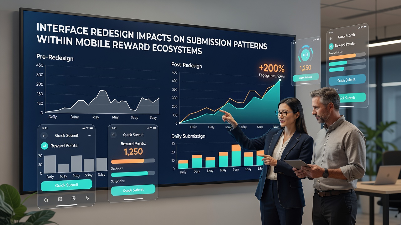 Analytics dashboard displaying submission volume trends and user flow diagrams after mobile interface updates