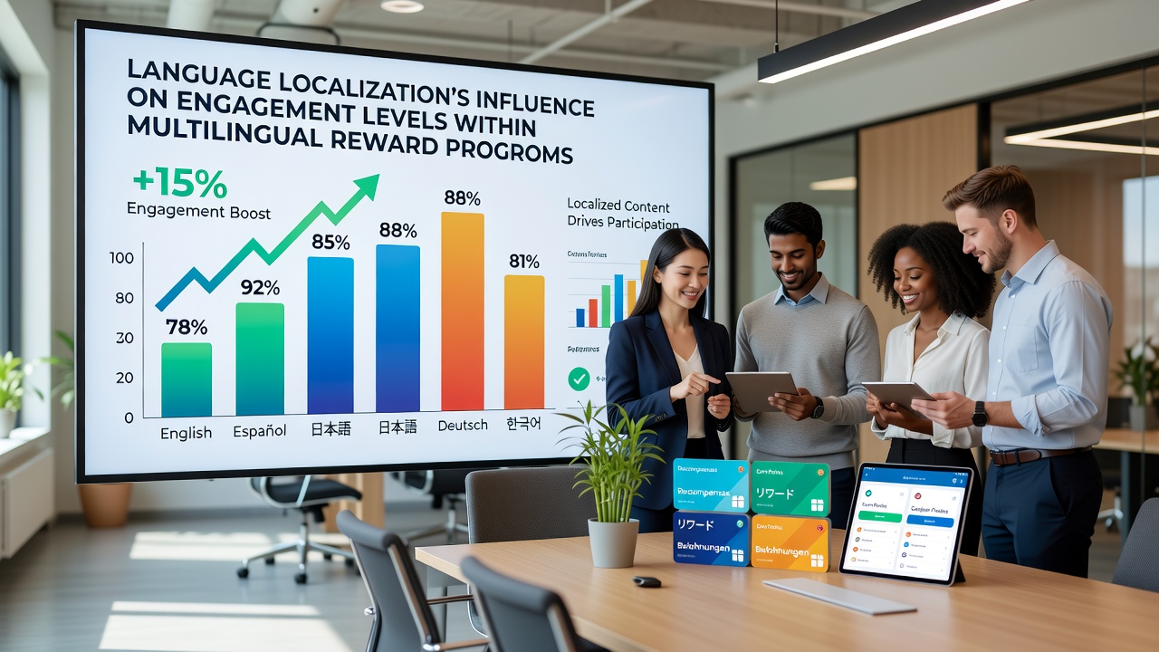 Multilingual users engaging with localized reward program interfaces on mobile devices showing different language options and cultural adaptations