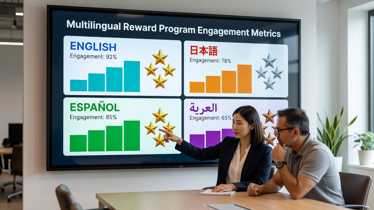 Analytics dashboard displaying engagement metrics across different language versions of a multilingual reward program with charts showing participation trends