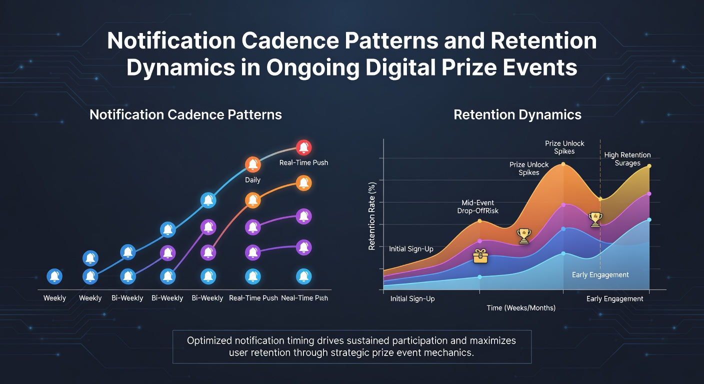 Visual representation of notification timing and participant engagement flows in digital prize platforms