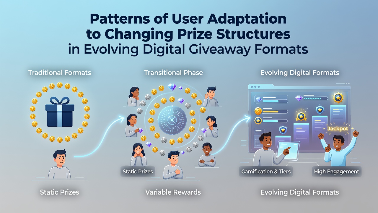 Digital interfaces displaying shifting prize tiers and user entry dashboards in giveaway platforms