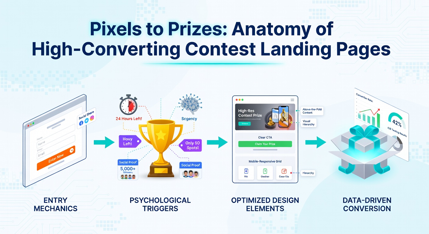 A vibrant contest landing page mockup showing bold headline, prize image, and prominent entry button, illustrating key conversion elements