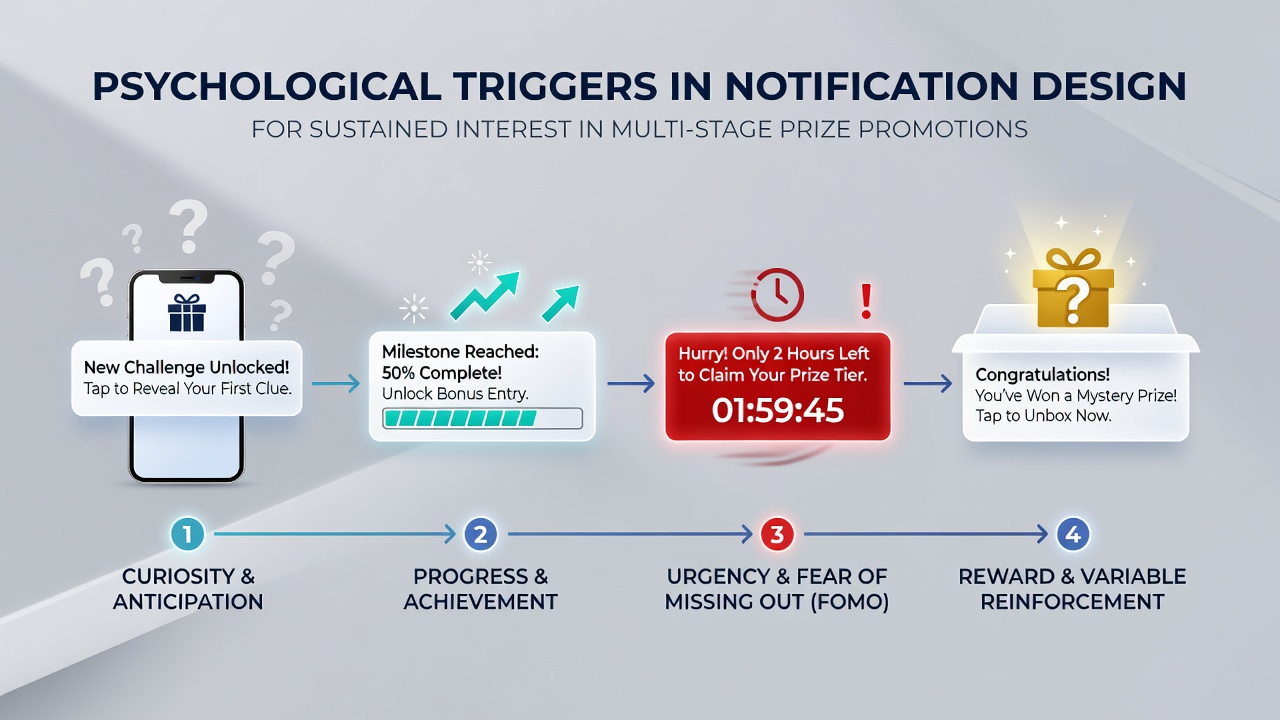 Notification interfaces displaying layered prize promotion alerts on mobile screens with progress indicators and reward previews