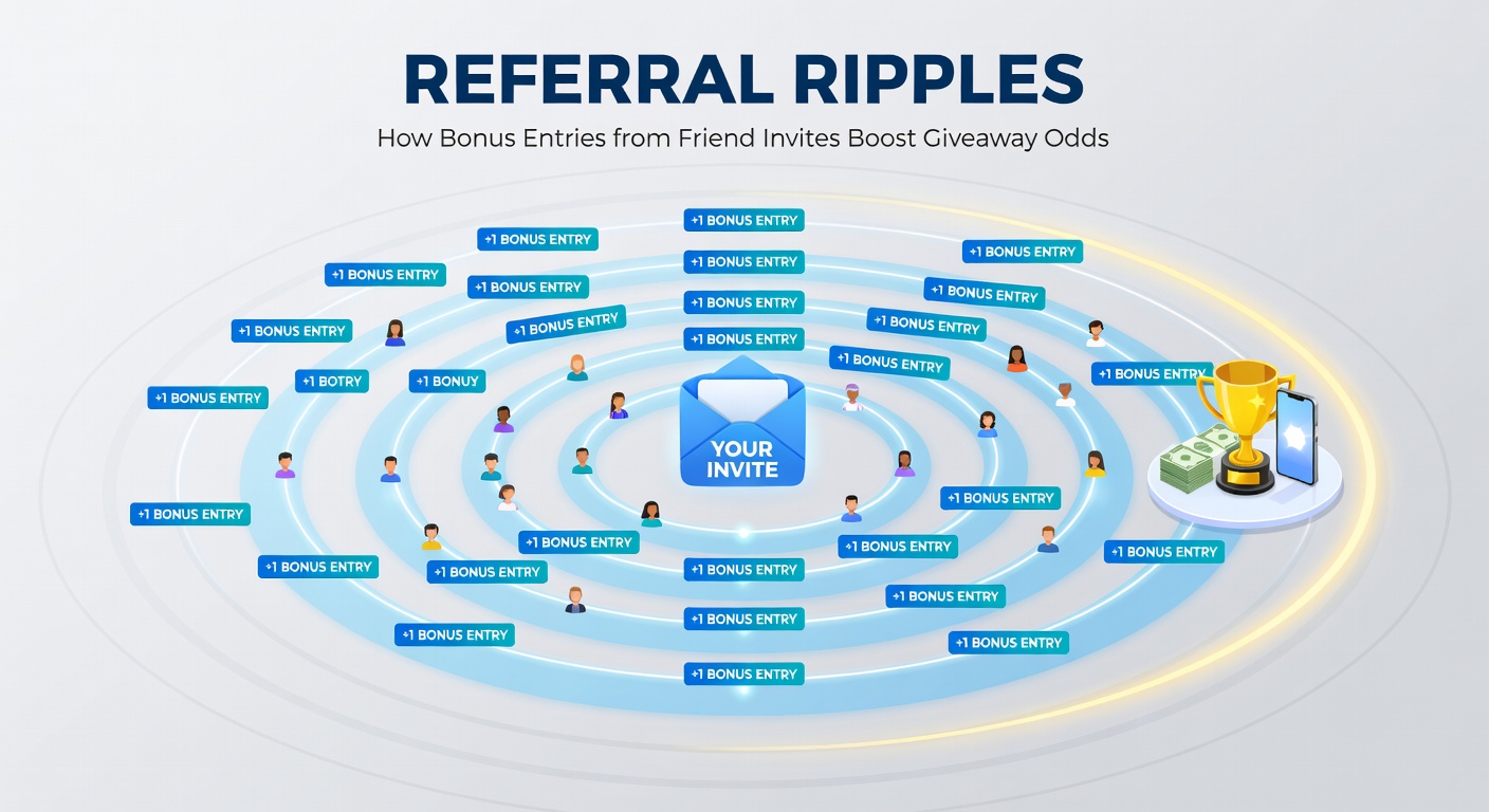 Network diagram showing ripples of referrals expanding giveaway entries across social connections