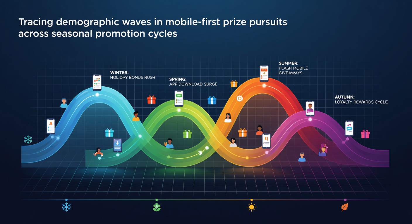 Mobile users from varied age groups engaging with seasonal prize promotions on smartphones during different times of the year