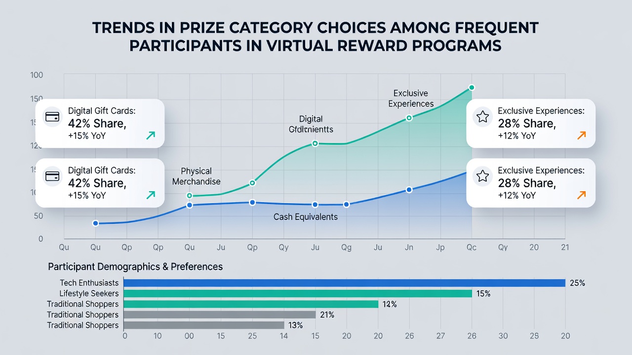 Chart illustrating prize category distribution trends among frequent virtual reward program participants from 2024 through 2026