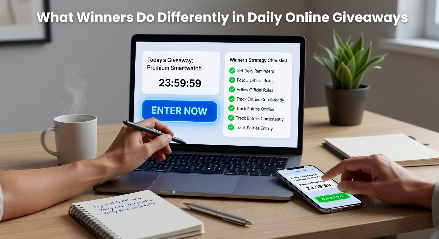 Winners analyzing giveaway data on a laptop screen, surrounded by entry confirmation notifications, illustrating tech-driven strategies in daily online contests